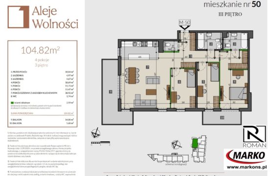 OFERTA BEZ PROWIZJI! NOWA INWESTYCJA ALEJE WOLNOŚCI! 1782 M 4 -pokojowe mieszkanie ! IIIp, pow. 104, 82 m2. Cena: 1 301 864 zł brutto